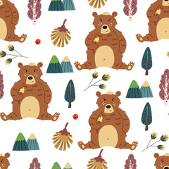 Seamless children pattern mountain bear. Naive Digital paper, wallpaper for nursery room, baby textile fabric. Baby Shower hand drawn doodle vector design