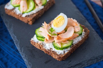 Smorrebrod, an open sandwich with boiled salmon, cream cheese, quail egg and cucumber slices on a slate or stone board on a wooden background. Sandwich recipes.