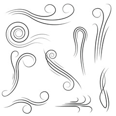 Set Black Collection Simple Line Winds Gust Squall Curl Doodle Outline Nature Element Vector Design Style Sketch Isolated Illustration
