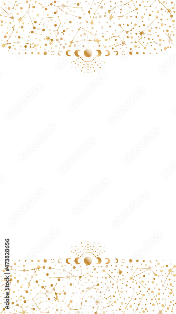 Wall mural vector zodiac constellations background with copy space. shiny golden elegant frame with moon phases