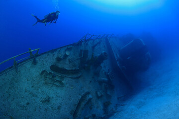 Scuba diver explores sunken ship.