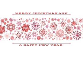 Christmas card with the ribbon of red snowflakes with Merry Christmas holiday greeting.