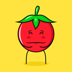 cute tomato character with happy expression, close eyes, both hands on stomach and smiling. green, red and yellow. suitable for emoticon, logo, mascot