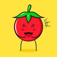 cute tomato character with happy expression, close eyes and mouth open. green, red and yellow. suitable for emoticon, logo, mascot
