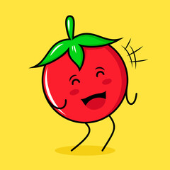 cute tomato character with happy expression, close eyes and mouth open. green, red and yellow. suitable for emoticon, logo, mascot