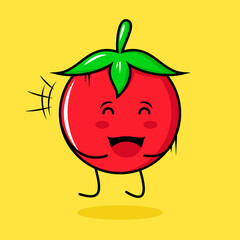 cute tomato character with happy expression, jump, close eyes and mouth open. green, red and yellow. suitable for emoticon, logo, mascot