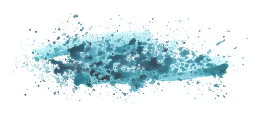 Zelfklevend Fotobehang Art Watercolor flow blot with drops splash. Abstract texture blue color stain on white horizontal long background. © Liliia