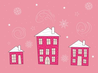 Christmas Hand Drawn Vector Houses. Winter items for scrapbook, social media, web, greeting cards. seasonal design	