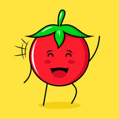 cute tomato character with happy expression, close eyes and one hand up. green, red and yellow. suitable for emoticon, logo, mascot