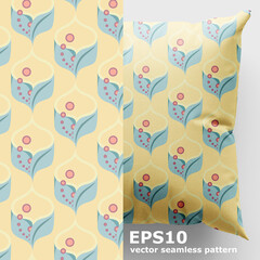 Flowers trellis vector geometric seamless pattern. Floristic elements of green seafoam on a light mustard yellow background. Suitable for textiles, wrapping paper, tissue.