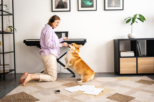 Smiling woman kneeling while playing with dog by piano at home