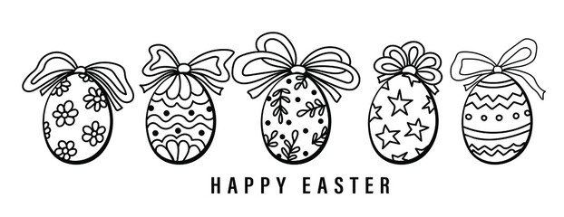Happy Easter banner. Trendy Easter design with hand drawn easter eggs with tied bows. Design for holiday greeting card and invitation. Vector illustration.