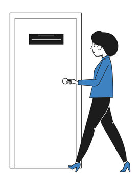 Woman Open Door. Person Coming In Office Or Entering Room