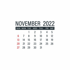 November 2022, calendar icon. Day month Year. Flat vector illustration