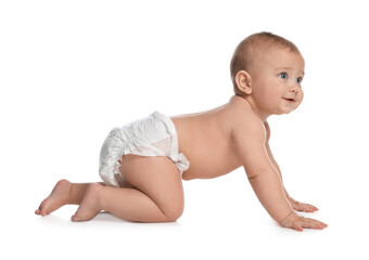 Cute little baby in diaper crawling on white background