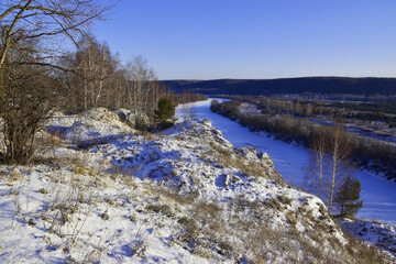 Winter panorama of the Sylva river valley from the top of Grekhovskaya mountain