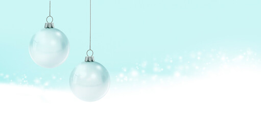 Obraz na płótnie Canvas Weiße Weihnachtskugeln vor pastellfarbenem blauem hintergrund