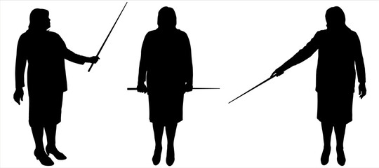 Office worker, secretary, employee, teacher, trainer points to the sides with a pointer. Front view.  A woman with a pointer in her hands. Three black female silhouettes isolated on white background.