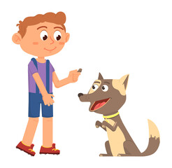 Boy giving treat to puppy. Dog training. Pet feeding