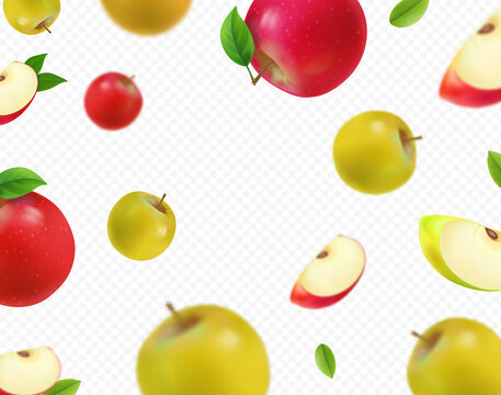 Falling green apples and red isolated on white background. Realistic fallong appls, 3D vector
