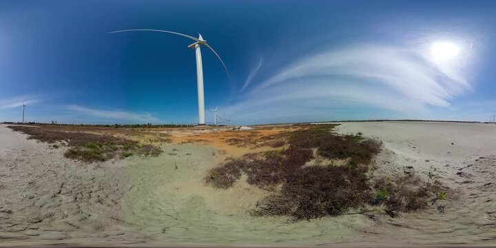Group of windmills for renewable electric energy production. Wind Power Station. Sri Lanka. 360 panorama VR.