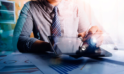 Fingerprint Biometric Digital Scan Technology. Graphic interface showing man finger with print scanning identification. Concept of digital security and private data access by use fingerprint scanner.