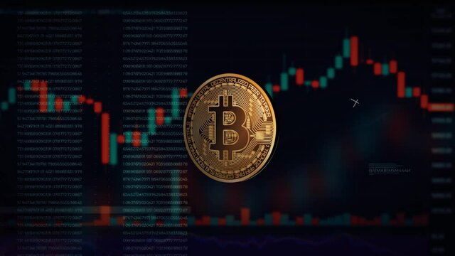 The voluminous manet of the Bitcoin cryptocurrency rotates against the background of calculations and changing quotes of the exchange, showing a fall or growth