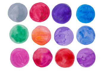Watercolor multicolored circles isolated on a white background.