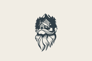 natural cabin logo with a combination of cabin, beard, forest and mountain views.