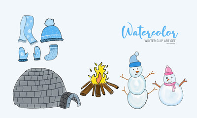 Hand-drawn Winter Watercolor Elements Colorful Clipart Set