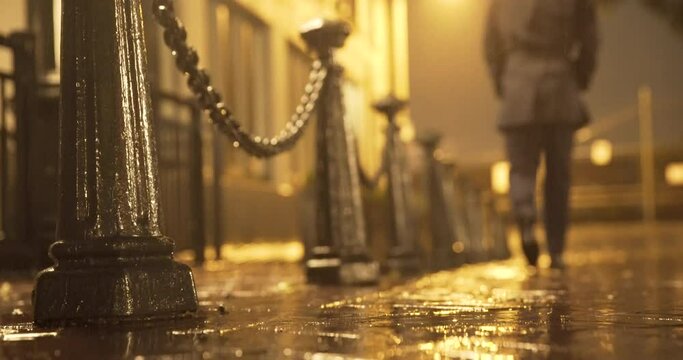 Noir film detective wearing a fedora walking in an empty street at night as its raining