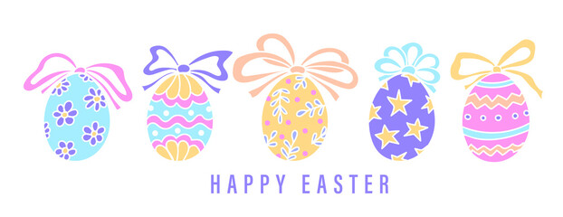 Happy Easter banner. Trendy Easter design with hand drawn easter eggs with tied bows in pastel color. Design for holiday greeting card and invitation. Vector illustration.