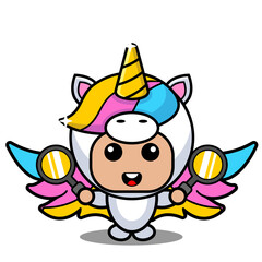 vector cartoon character cute lovely unicorn animal mascot costume holding a magnifying glass