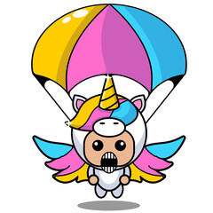 vector cartoon character cute lovely unicorn animal mascot costume wearing parachute