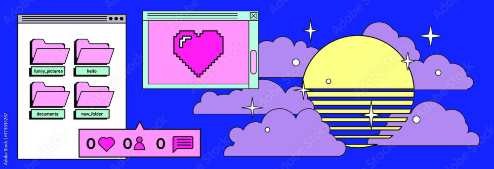 Poster Retrowave style operating system with message boxes and folders. Vaporwave style vector illustration.