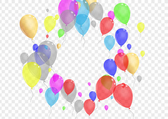 Yellow Balloon Background Transparent Vector. Helium Fun Design. Colorful Light. Blue Confetti. Toy Present Template.