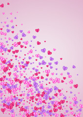 Lilac Confetti Background Pink Vector. Greeting Frame Heart. Tender Falling Backdrop. Red Heart Isolated Pattern. Purple Shape Illustration.