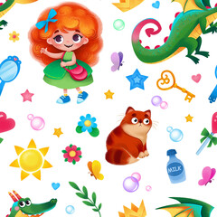 Obraz premium Cute cartoon characters - Princess, fat cat and dragon. Seamless cartoon cute pattern on a white background. Children`s funny illustration with funny characters, freehand drawing. Newborn print