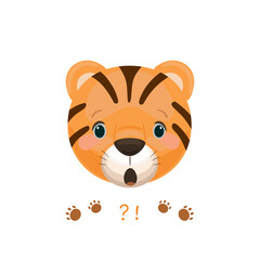 Cute little tiger icon with surprise emotion. Animal cartoon illustration.