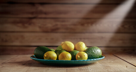 Wooden table with fruits and a blank in the shade of the sun on the background of a natural wall 