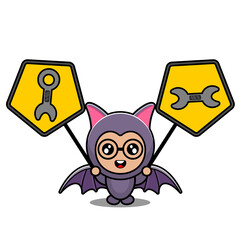 vector cartoon character cute bat animal mascot costume holding mechanical tool sign