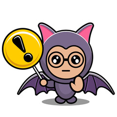 vector cartoon character cute bat animal mascot costume holding a warning sign