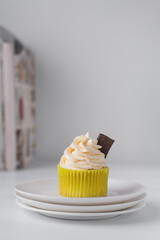 Vanilla cupcakes with white buttercream frosting, plain cupcakes with swirl buttercream, cupcakes in green wrapper