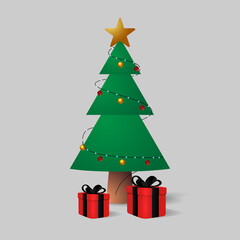 Realistic christmas tree and gift box design vector