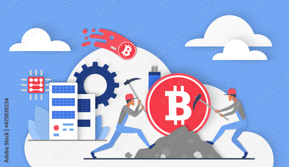 Poster Bitcoin crypto currency, virtual data mining. Tiny miners work with picks in mine full of coins and profit, workers farming digital money flat vector illustration. Cryptocurrency, commerce concept