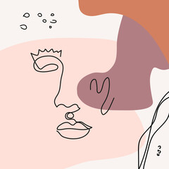 Abstract shapes, dots, lines, natural motives with face in line art style are isolated. Contemporary hand drawn vector illustrations with continuous line face in minimalistic elegant concept. Design