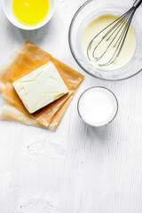 cooking pancake on white background top view ingredients for making