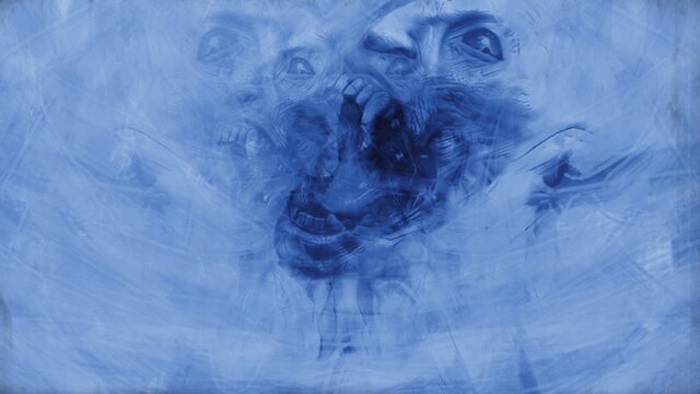 3d illustration - Hand drawn abstraction in genre of horror. Young  woman with hair blowing while smiling and monster in background