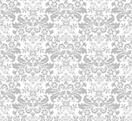Foto op Plexiglas Behang in de stijl van de barok. Naadloze vectorachtergrond. Wit en grijs bloemenornament. Grafisch patroon voor stof, behang, verpakking. Sierlijke damast bloem ornament. © ELENA