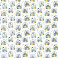 Christmas pattern with snow-capped shops and striped candies. Seamless cartoon cute pattern on a white background. New Year, children's funny illustration, freehand drawing. Children's print.